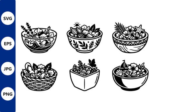 Decorative Flower Bowls in a Line Vector